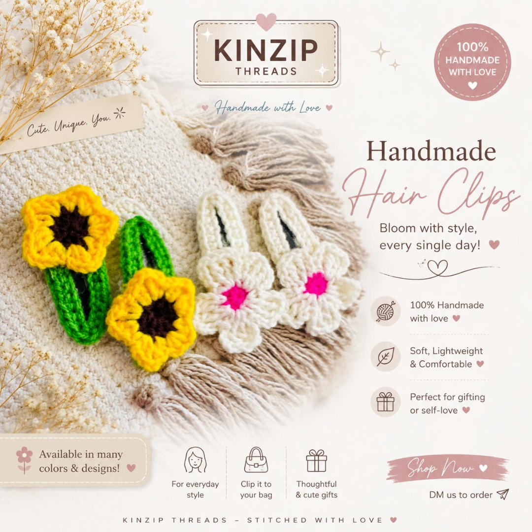 Hand Crafted Crochet Flower Hair Clip - Pack 2