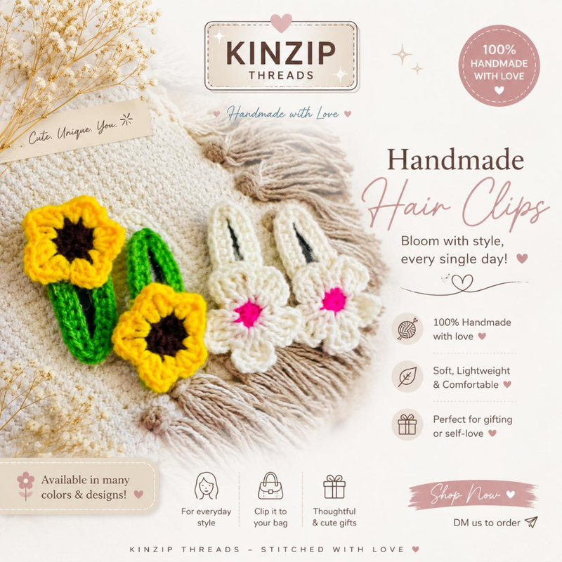 Hand Crafted Crochet Flower Hair Clip - Pack 2