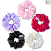 Five satin hair scrunchies in pink, purple, red, black, and white, arranged on a white background with a small '5 pack' badge in the top right corner. Each scrunchie has a small white label with the brand name 'Kingslip'.