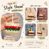 A styled product infographic for a crocheted AirPods case keychain by Kirzip Threads. The main section shows a hand holding the handmade cream, red, and green crocheted case.